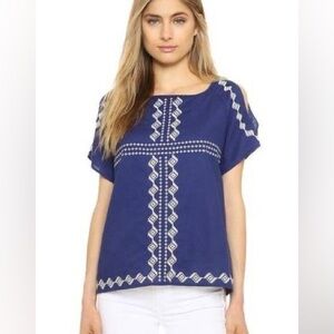 CUPCAKES & CASHMERE Pastoria Linen and Cotton‎ Blue Embroidered Blouse Medium